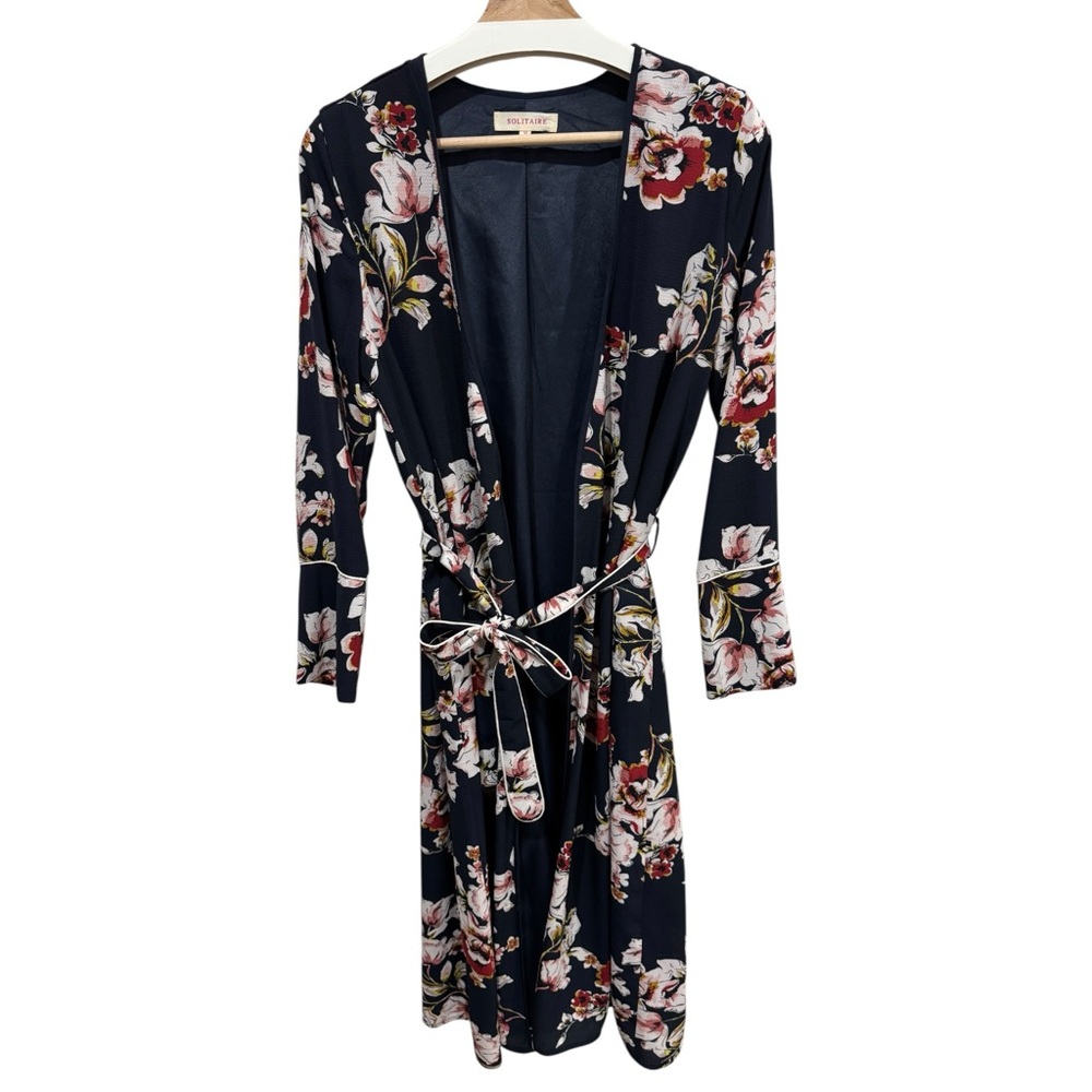 Anthropologie Solitaire Kimono Floral‎ Long Sleeve Wrap Dress - Navy and Pink